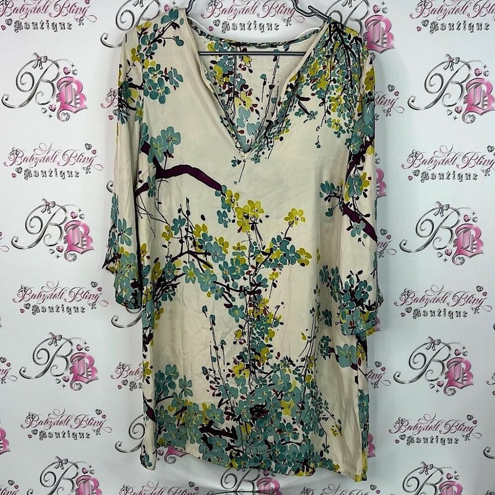 Zara top floral flowers white purple orange Cream and Green Floral Blouse boho